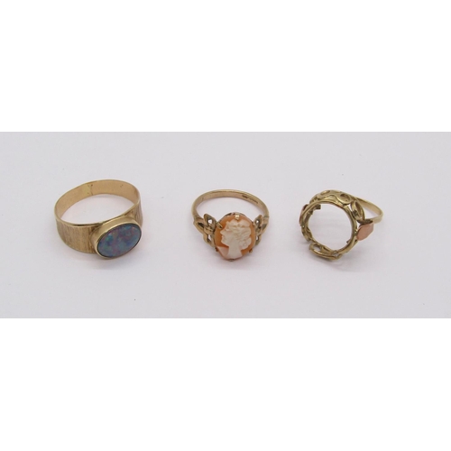 249 - Three gold rings comprising a 14ct opal triplet ring, size S/T, together with a further 14ct example... 