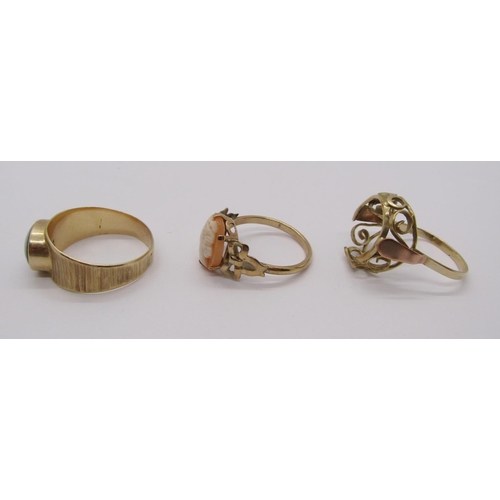 249 - Three gold rings comprising a 14ct opal triplet ring, size S/T, together with a further 14ct example... 