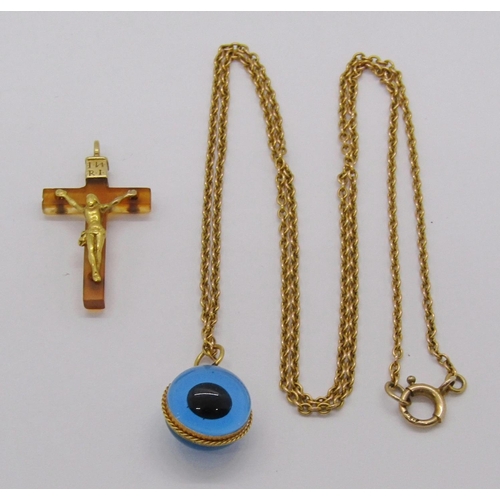 250 - 9ct chain necklace with evil eye pendant, together with a small gold mounted tortoiseshell INRIS pen... 