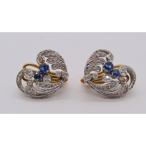 261 - Pair of Belle Époque sapphire and diamond clip earrings in white and yellow metal, 9.9g total