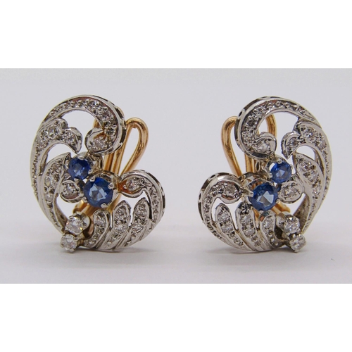 261 - Pair of Belle Époque sapphire and diamond clip earrings in white and yellow metal, 9.9g total