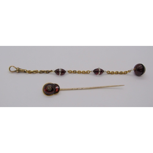 265 - Antique 15ct chain fob with garnet and baroque pearl beads, together with a yellow metal stick pin s... 