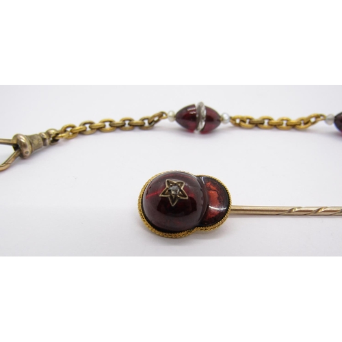 265 - Antique 15ct chain fob with garnet and baroque pearl beads, together with a yellow metal stick pin s... 