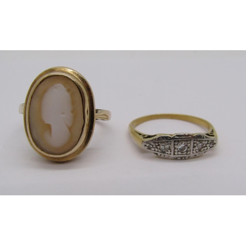 271 - 18ct five stone diamond ring, size J, 2.1g and a 9ct cameo ring, size J, 3.3g (2)