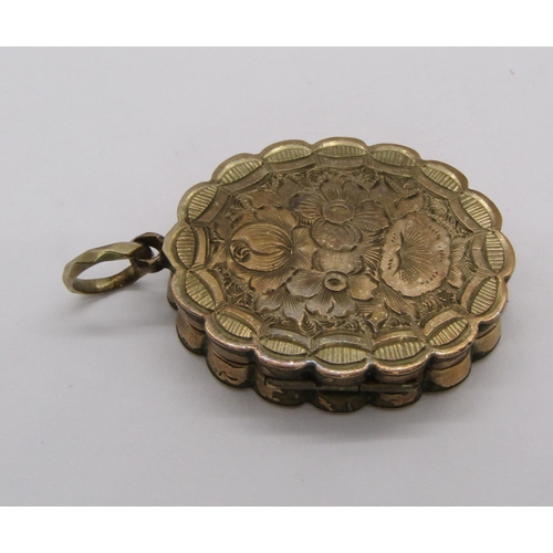 278 - 18ct three stone old-cut diamond ring, 2.4g (shank cut) and a Victorian gilt metal locket with engra... 