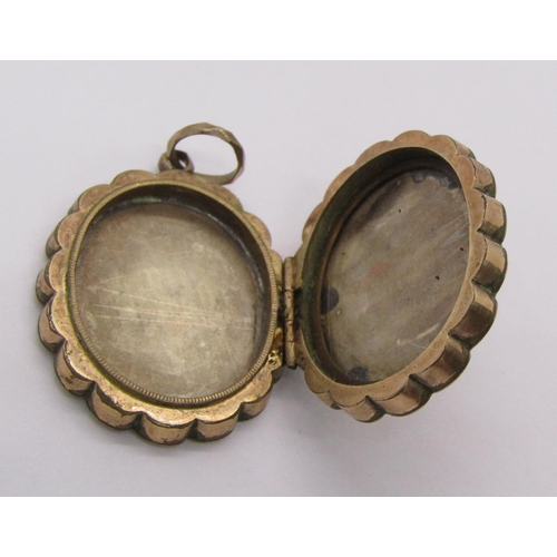 278 - 18ct three stone old-cut diamond ring, 2.4g (shank cut) and a Victorian gilt metal locket with engra... 