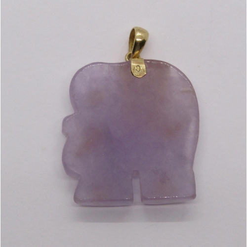 291 - Chinese 14k carved lavender jade elephant pendant, 7.9g