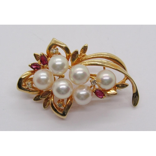 292 - Vintage 14ct pearl, ruby and diamond spray brooch / pendant, 7.1g