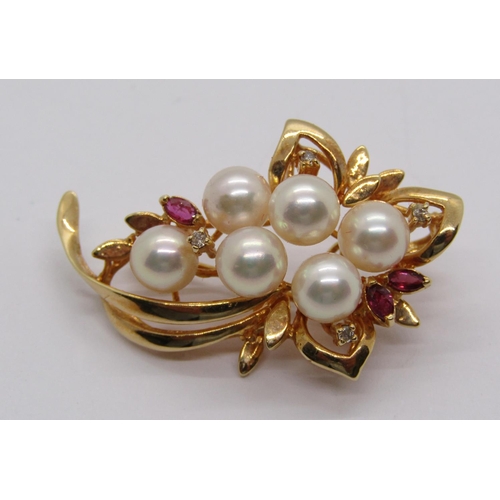 292 - Vintage 14ct pearl, ruby and diamond spray brooch / pendant, 7.1g