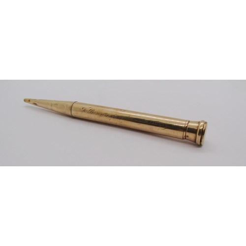 293 - 9ct Baker's Perm-Point propelling pencil with inscription, 20.5g (af)