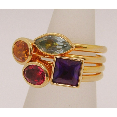 301 - Four 18ct gem set stacking rings by Pascal Jewellery (now Annoushka), citrine, amethyst, topaz and r... 