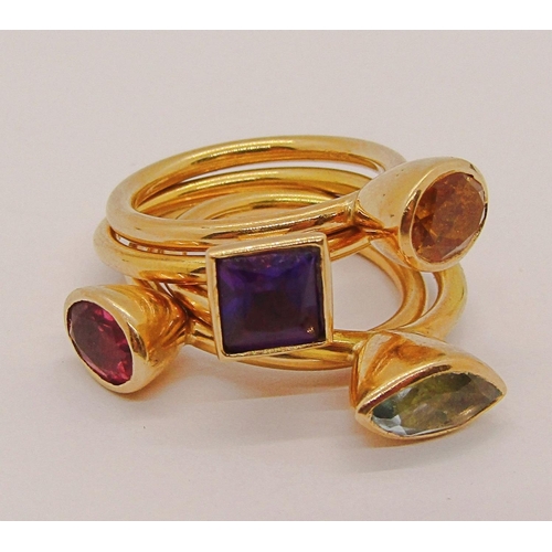 301 - Four 18ct gem set stacking rings by Pascal Jewellery (now Annoushka), citrine, amethyst, topaz and r... 