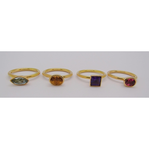 301 - Four 18ct gem set stacking rings by Pascal Jewellery (now Annoushka), citrine, amethyst, topaz and r... 