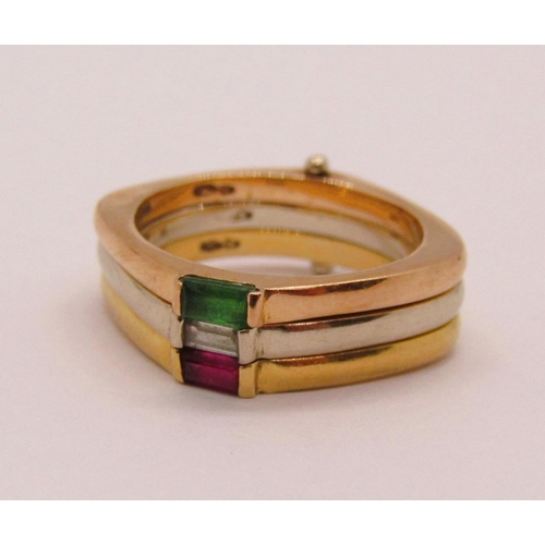 302 - 18ct tri-colour hinged puzzle type ring, multi gem set with baguette-cut stones, size K, 9.2g