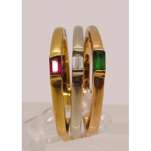 302 - 18ct tri-colour hinged puzzle type ring, multi gem set with baguette-cut stones, size K, 9.2g