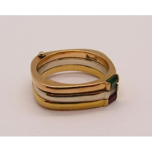 302 - 18ct tri-colour hinged puzzle type ring, multi gem set with baguette-cut stones, size K, 9.2g