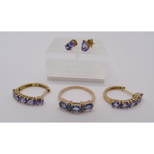 307 - Group of 9ct jewellery comprising a sapphire and diamond ring, size J/K and two pairs of tanzanite e... 