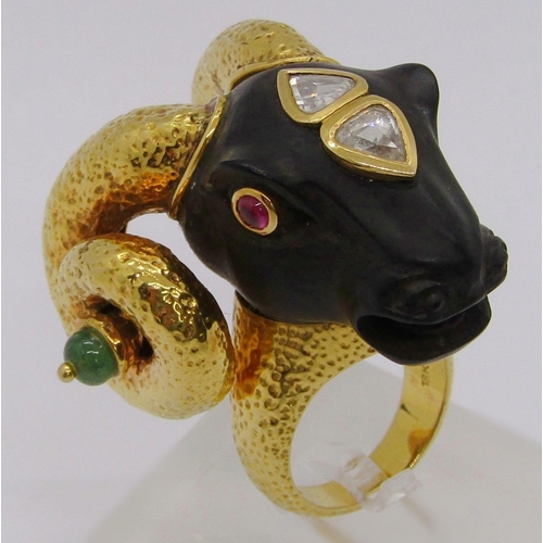 318 - Unusual 18k ram's head statement ring, possibly representing Aries zodiac, set with two pear-cut dia... 