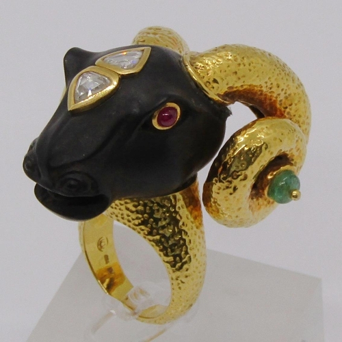 318 - Unusual 18k ram's head statement ring, possibly representing Aries zodiac, set with two pear-cut dia... 