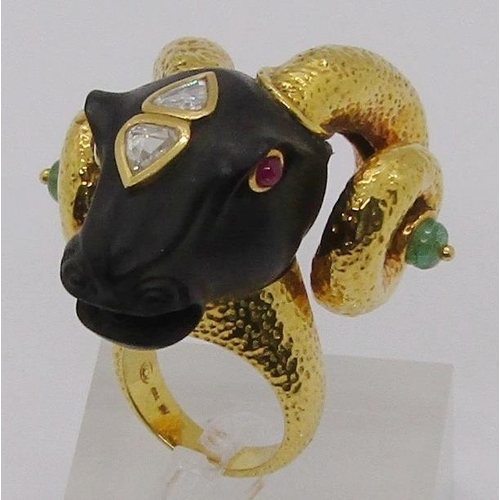 318 - Unusual 18k ram's head statement ring, possibly representing Aries zodiac, set with two pear-cut dia... 