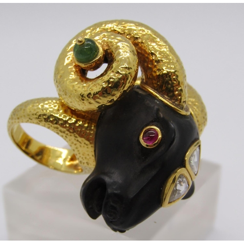 318 - Unusual 18k ram's head statement ring, possibly representing Aries zodiac, set with two pear-cut dia... 