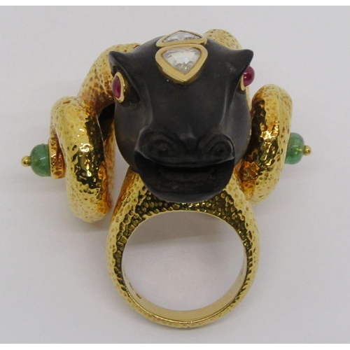 318 - Unusual 18k ram's head statement ring, possibly representing Aries zodiac, set with two pear-cut dia... 