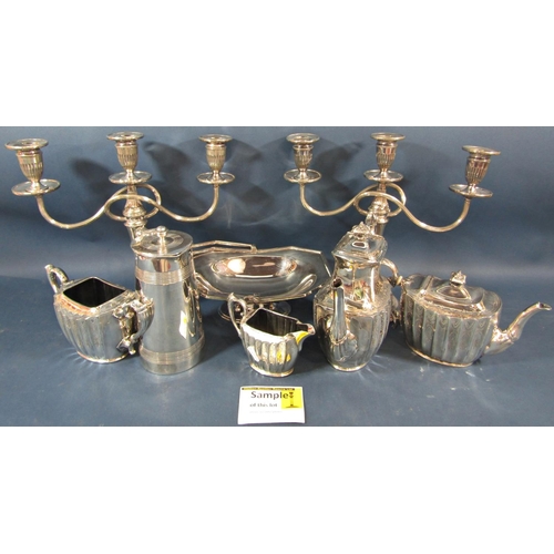 164 - A pair of Georgian style silver plated three branch candelabra 31cm high , a large silver plated ova... 