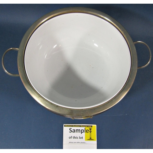 174 - An Edwardian oak fruit bowl with china liner, and four similar oak biscuit barrels.