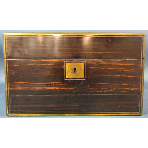 175 - A mid Victorian period coromandel wood and brass banded travelling box, the rising lid fitted with t... 