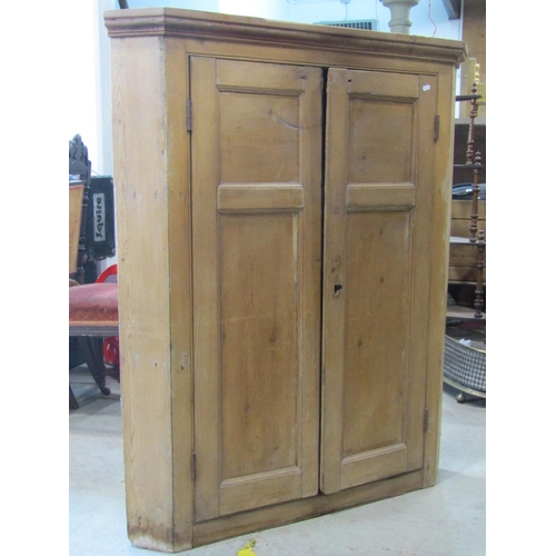 1285 - A 19th century stripped pine countrymade hanging corner cupboard enclosed by a pair of rectangular m... 