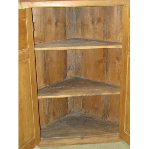 1285 - A 19th century stripped pine countrymade hanging corner cupboard enclosed by a pair of rectangular m... 