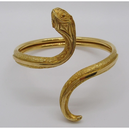 314 - Greek 18ct novelty bangle in the form of a coiled snake, stamped 'Greece 750 A21' to tail, 32.2g