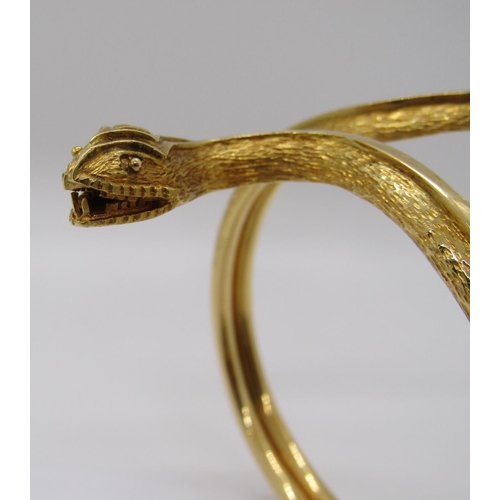 314 - Greek 18ct novelty bangle in the form of a coiled snake, stamped 'Greece 750 A21' to tail, 32.2g