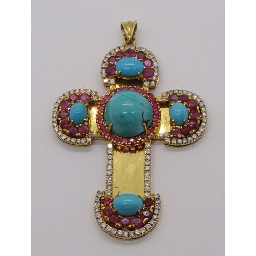 317 - Ornate yellow metal cross pendant set with cabochon turquoise, rubies and diamonds, 7 x 4.6cm approx... 