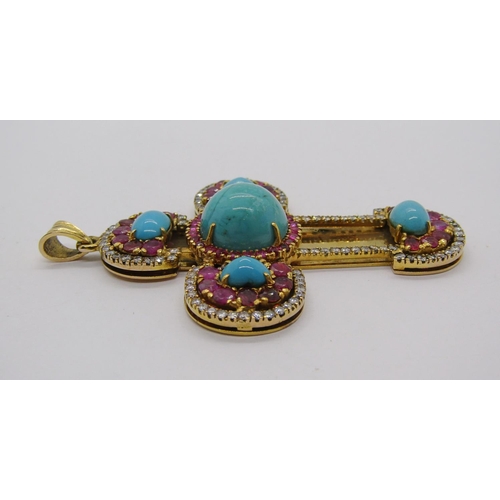 317 - Ornate yellow metal cross pendant set with cabochon turquoise, rubies and diamonds, 7 x 4.6cm approx... 