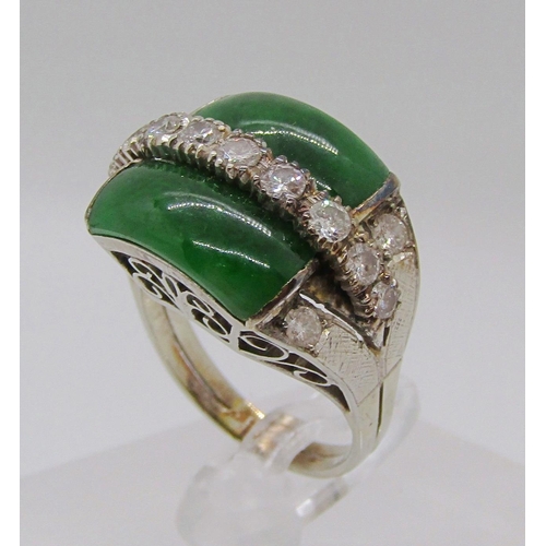 320 - Art Deco style white metal jade and diamond cocktail ring, diamonds 0.07cts each approx, size L, 7g