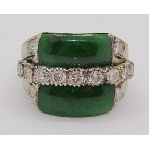 320 - Art Deco style white metal jade and diamond cocktail ring, diamonds 0.07cts each approx, size L, 7g