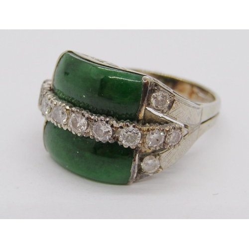 320 - Art Deco style white metal jade and diamond cocktail ring, diamonds 0.07cts each approx, size L, 7g