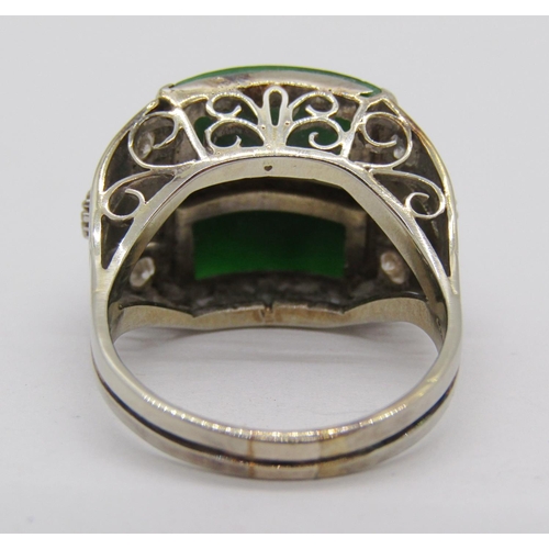 320 - Art Deco style white metal jade and diamond cocktail ring, diamonds 0.07cts each approx, size L, 7g