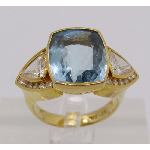 322 - 18ct aquamarine and trillion-cut diamond cluster cocktail ring, ring head 2.4cm W approx, size K/L, ... 