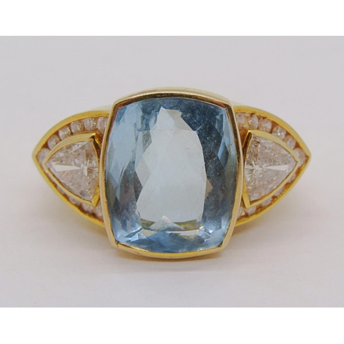 322 - 18ct aquamarine and trillion-cut diamond cluster cocktail ring, ring head 2.4cm W approx, size K/L, ... 