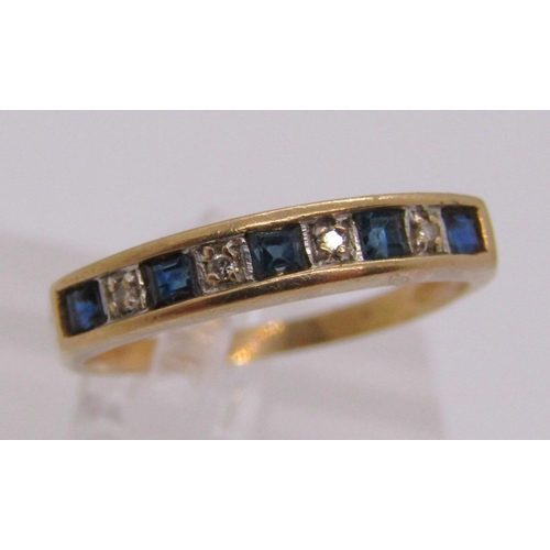 330 - 9ct sapphire and diamond half hoop ring, size O, 1.9g