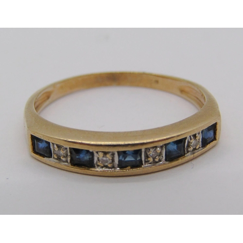 330 - 9ct sapphire and diamond half hoop ring, size O, 1.9g