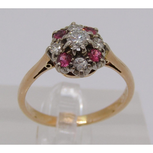 331 - 18ct ruby and diamond cluster ring, centre stone 0.15ct approx, size L/M, 3g