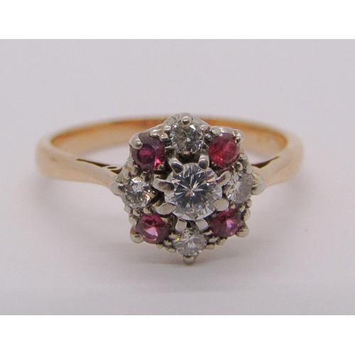 331 - 18ct ruby and diamond cluster ring, centre stone 0.15ct approx, size L/M, 3g