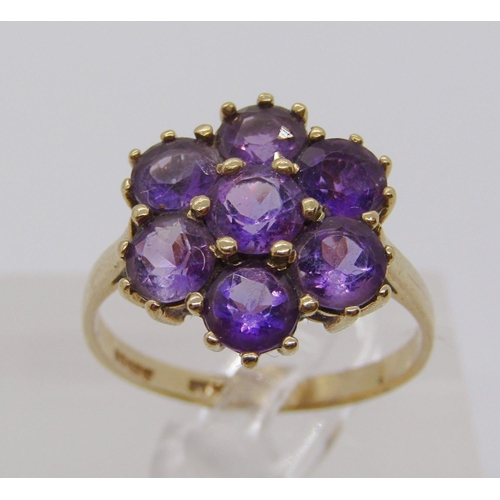 332 - 9ct amethyst daisy cluster ring, ring head 1.3cm W approx, size Q, 2.7g