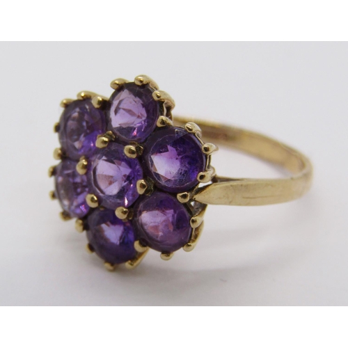 332 - 9ct amethyst daisy cluster ring, ring head 1.3cm W approx, size Q, 2.7g