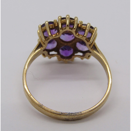 332 - 9ct amethyst daisy cluster ring, ring head 1.3cm W approx, size Q, 2.7g