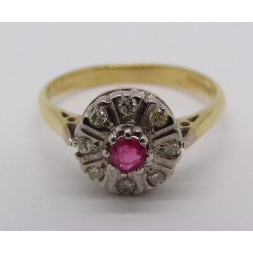 333 - 18ct ruby and diamond cluster ring, size N, 3.3g