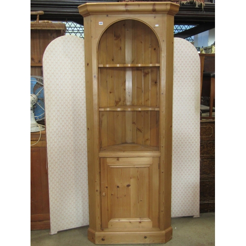 1297 - A stripped pine floorstanding corner cupboard in the Georgian style, partially enclosed by rectangul... 